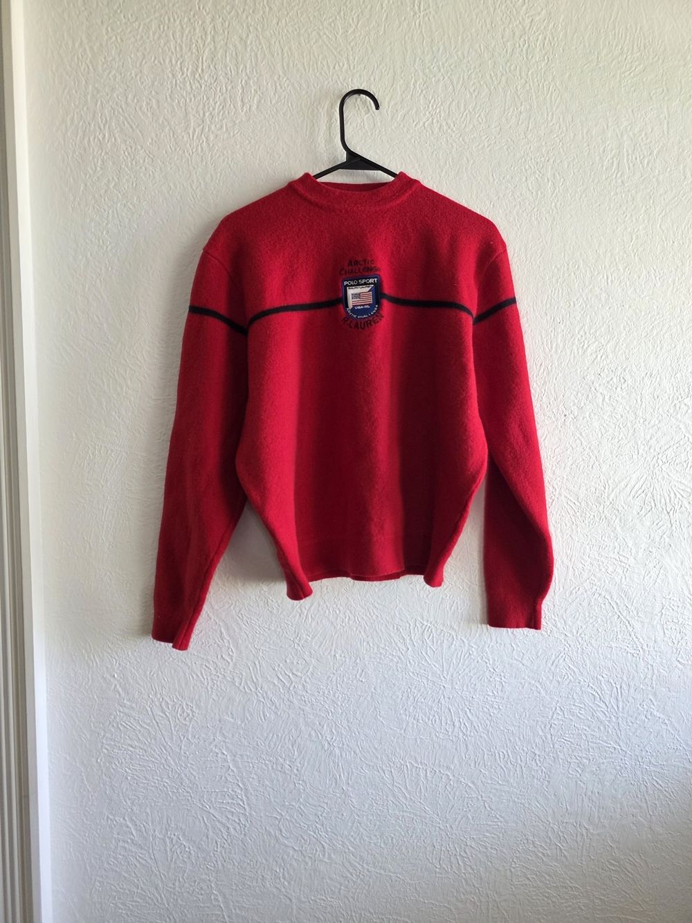Cozy Vintage Polo by Ralph Lauren 100% Wool Red Crewneck Sweater Navy Crest